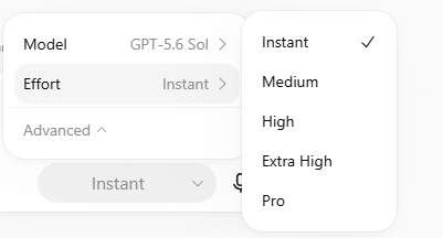 The reasoning-effort selector — Instant, Medium, High, Extra High, Pro
